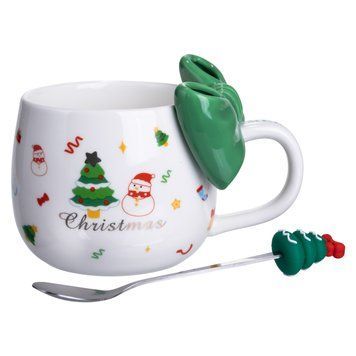 Новорічна порцелянова чашка з ложкою Merry Christmas 400 (мл) Зелений Yiwu FM-CS-19B 9302 фото