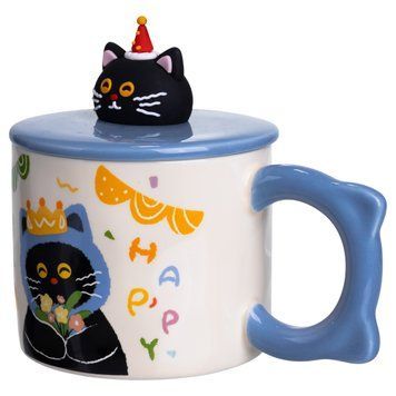 Чашка порцелянова з кришкою Kitten's Birthday 400 (мл) подарункова кружка прикольна чашка для дітей на подарунок Синій FM-24A 9405 фото