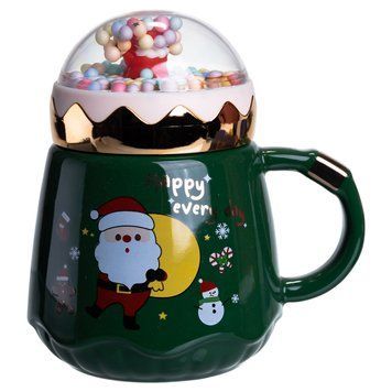 Чашка порцелянова з кришкою Christmas 400 (мл) Зелена Yiwu FM-CS-41A 9316 фото