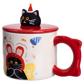 Чашка порцелянова з кришкою Kitten's Birthday 400 (мл) подарункова кружка прикольна чашка для дітей на подарунок Червоний FM-24D 9408 фото