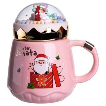 Чашка порцелянова з кришкою Christmas 400 (мл) Рожева Yiwu FM-CS-41C 9318 фото